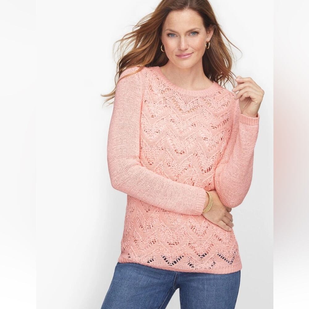 Talbots Favorite Pointelle Cotton Blend Crewneck Sweater Scallop Pink - Size L